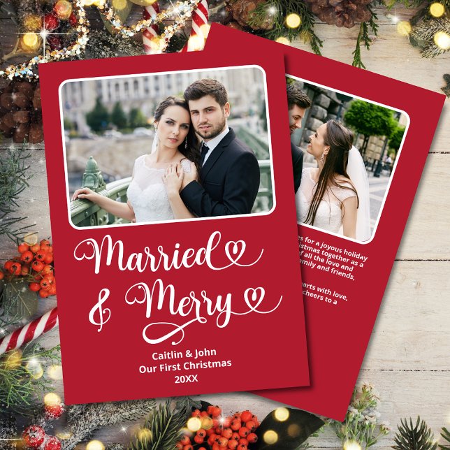 Married Merry Newlyweds 1st Christmas Red Hearts Holiday Card (Married & Merry Custom 2-Photo Christmas Card with Hearts and personalized message on the back.)