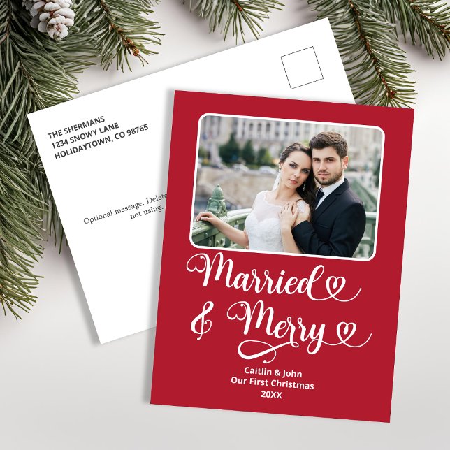 Married Merry Newlyweds 1st Christmas Red Photo Holiday Postcard (Married and Merry Newlywed's First Christmas Photo Postcard in Red.)