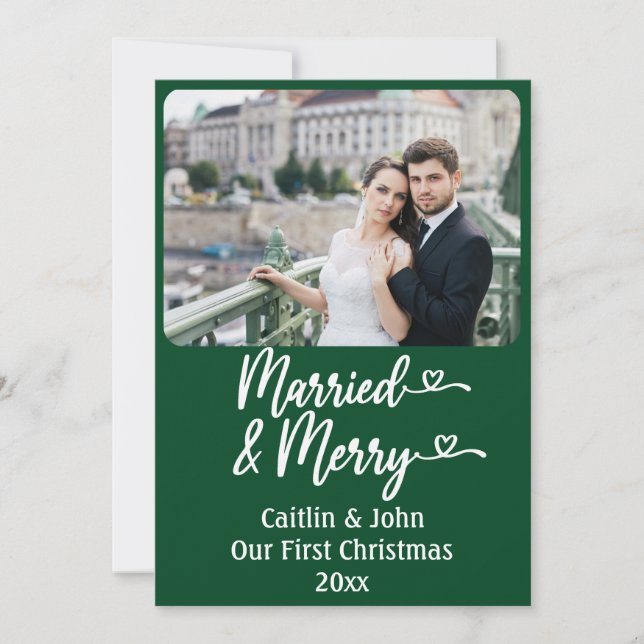 Married Merry Newlyweds Custom Green 1st Christmas Holiday Card (Front)