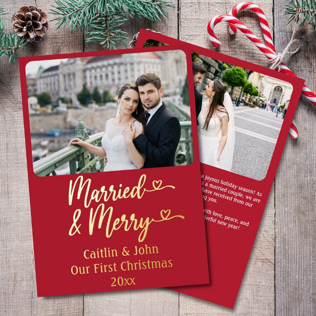 Married Merry Newlyweds Custom Red First Christmas Foil Holiday Card (Married & Merry Custom 2-Photo Christmas Card in Red, with Personal Message & Photo on Back.)