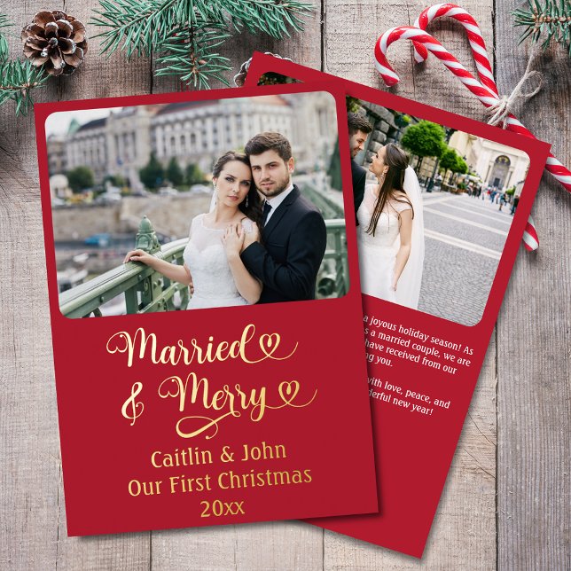Married Merry Newlyweds First Christmas Custom Red Foil Holiday Card (Married & Merry Our 1st Christmas red Christmas card with gold foil and 2 photos, fully customizable)