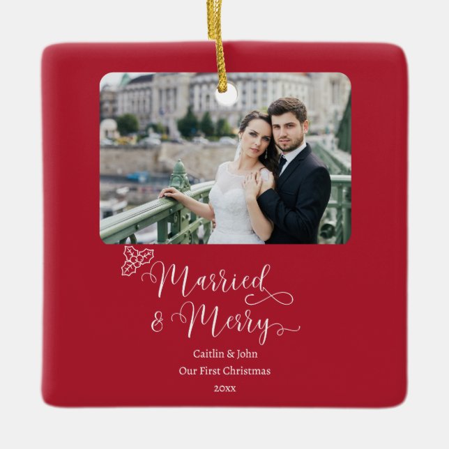 Married Merry Newlyweds First Christmas Red Photo Ceramic Ornament (Front)