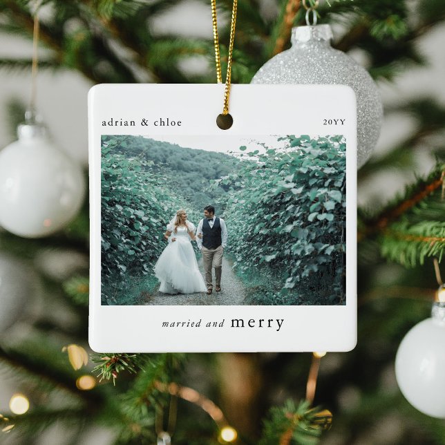 Married & Merry Newlyweds Photo Keepsake Ceramic Ornament (Creator Uploaded)