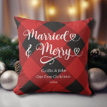 Married Merry Our 1st Christmas Newlywed Red Plaid Cushion<br><div class="desc">Looking for a way to make your loved ones' first Christmas as a married couple extra special? Our "Our First Christmas Married and Merry" throw pillow in red plaid is the perfect gift idea! With its clean and modern font and classic holiday colours, this pillow will add a festive touch...</div>