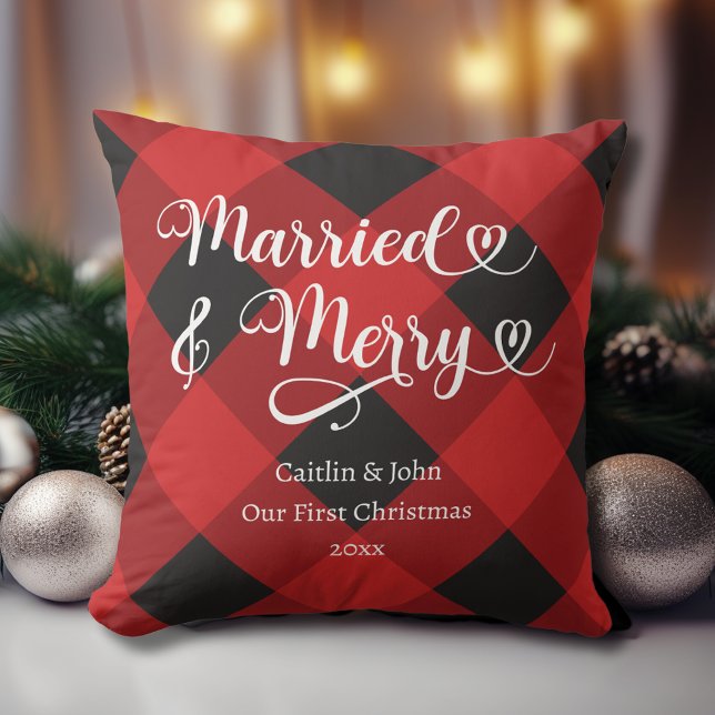 Married Merry Our 1st Christmas Newlywed Red Plaid Cushion (Married and Merry Newlyweds First Christmas together Pillow with Couples' Names and Wedding Date.)