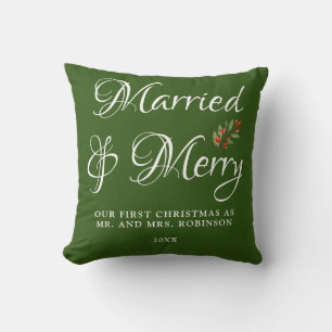Married & Merry Our first Christmas Married Green Cushion