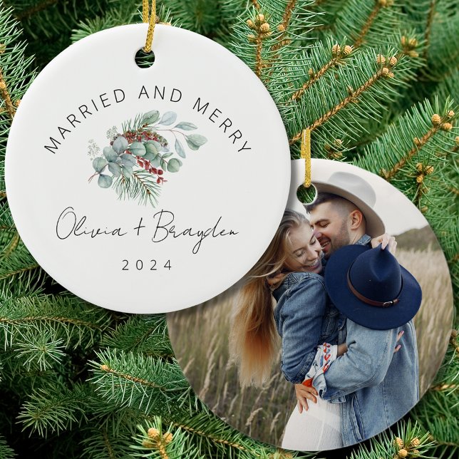 Married & Merry Our First Christmas Photo Ceramic Ornament (Creator Uploaded)