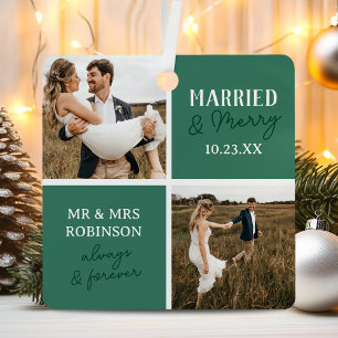 Married & Merry Photo Names Green Christmas Metal Tree Decoration