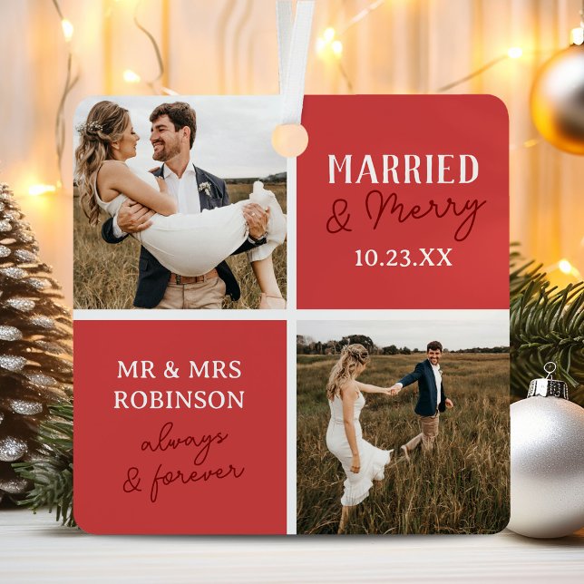 Married & Merry Photo Names Red Christmas Metal Tree Decoration (Creator Uploaded)