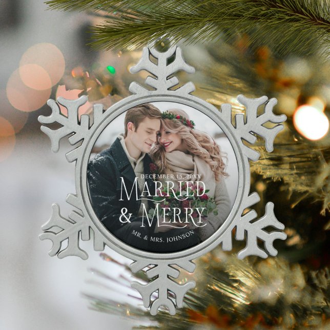 Married & Merry Photo Newlywed Christmas Snowflake Pewter Christmas Ornament (Creator Uploaded)