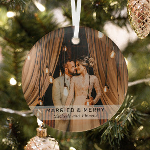 'Married & Merry' Photo Simple Keepsake Glass Tree Decoration
