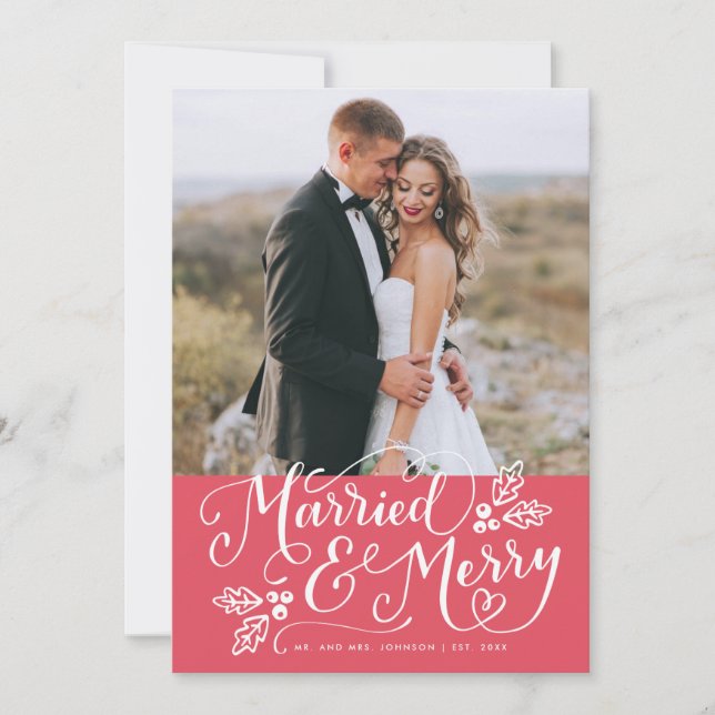 Married & Merry Photo Thank You Red Holiday Card (Front)