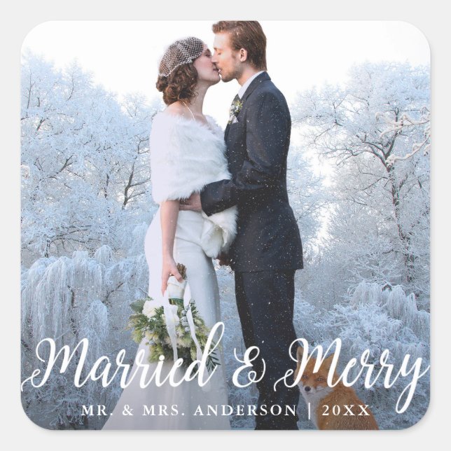 Married & Merry Photo Wedding Christmas Square Sticker (Front)
