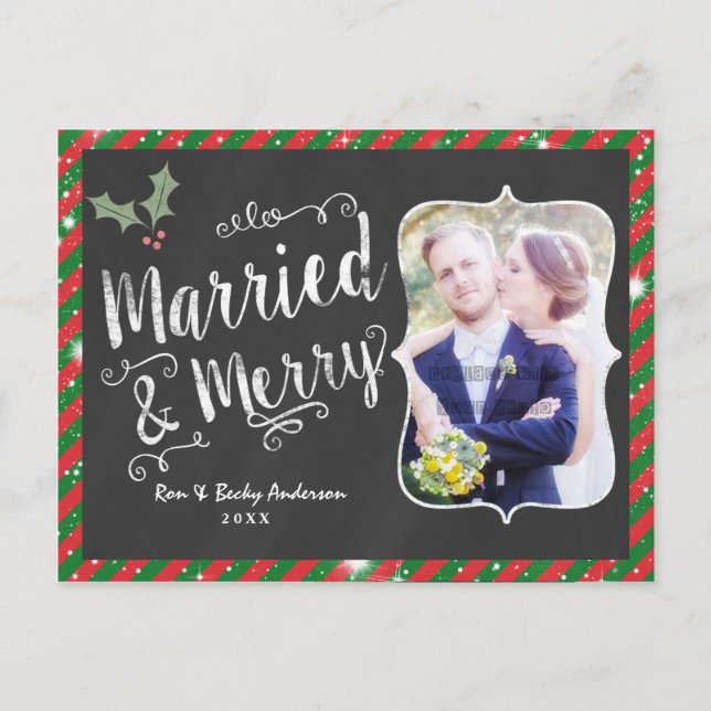 MARRIED & MERRY Postcard Chalk Holiday Photo Card (Front)