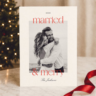 Married & Merry Preppy Red Stripe Photo Christmas Holiday Card