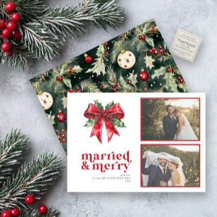 Married & Merry Red Bow Holly Newlywed 2 Photo Holiday Card