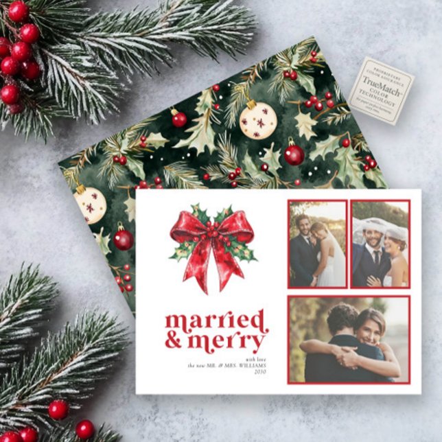 Married & Merry Red Bow Holly Newlywed 3 Photo Holiday Card (Creator Uploaded)
