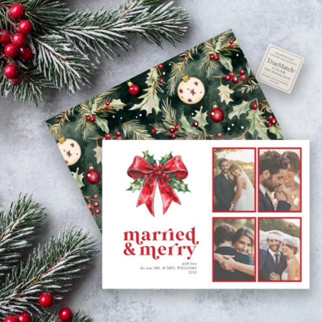 Married & Merry Red Bow Holly Newlywed 4 Photo Holiday Card (Creator Uploaded)