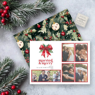 Married & Merry Red Bow Holly Newlywed 5 Photo Holiday Card
