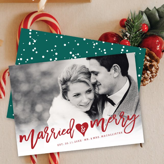 Married & Merry Red Brush Script Photo Wedding  Holiday Card (Creator Uploaded)