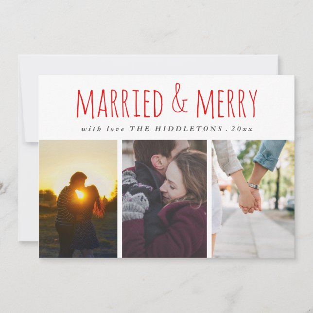 Married & Merry Red Script Three Photo Holiday Card (Front)
