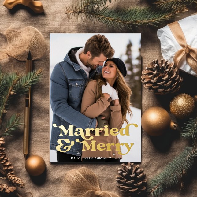 Married & Merry Retro Modern Typography 1 Photo  Foil Holiday Card (Married & Merry Retro Modern Typography 1 Photo Foil Holiday Card)