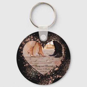 Married & Merry Rose Gold Twinkling Lights Photo Key Ring