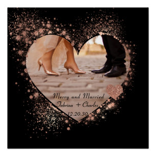 Married & Merry Rose Gold Twinkling Lights Photo Poster
