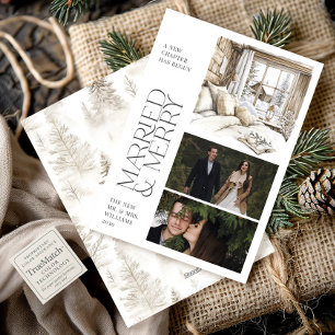 Married & Merry Rustic Cabin Photo Collage Holiday Card