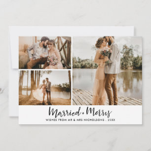 Married & Merry Script Modern Newlywed Photo Holiday Card