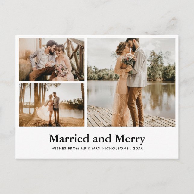 Married & Merry | Script Modern Newlywed Photo Postcard (Front)