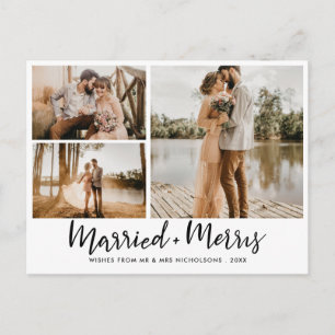Married & Merry   Script Modern Newlywed Photo Postcard