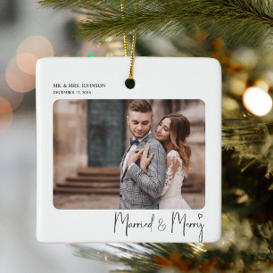 Married & Merry Script Newlywed Christmas Ceramic Ornament