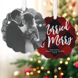Married & Merry Script Red Plaid Photo Christmas  Tree Decoration Card<br><div class="desc">These festive paper ornament cards feature a large single photo on the front of the card. On the back is a cosy red and black plaid background, a large EDITABLE script greeting in white, and your text in a classic serif font. These ornaments make a fabulous holiday card that will...</div>