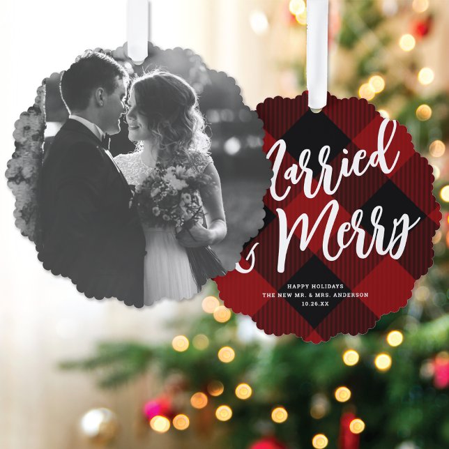  Married & Merry Script Red Plaid Photo Christmas  Tree Decoration Card (Creator Uploaded)