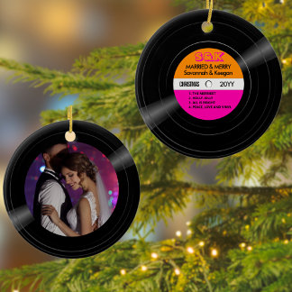 Married & Merry Vinyl Record Pink Orange Photo Ceramic Ornament