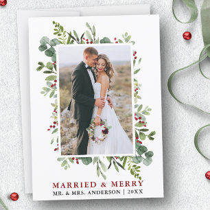 Married & Merry Watercolor Greenery Berries Holiday Card