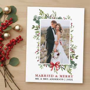 Married & Merry Watercolor Greenery Red Bow Postcard