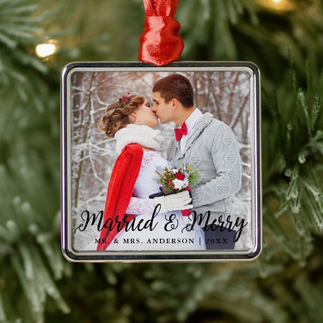 Married & Merry Wedding Photo Christmas B Metal Ornament (Tree)