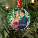 Married & Merry Wedding Photo Christmas Round W Metal Ornament<br><div class="desc">Married & Merry Wedding Photo Christmas Ornament Round - White Script</div>