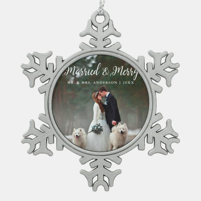 Married & Merry Wedding Photo Christmas Snowflake Pewter Christmas Ornament (Front)