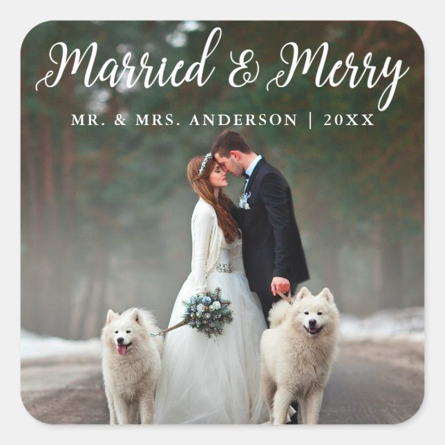 Married & Merry Wedding Photo Christmas Square Sticker (Front)