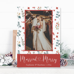 Married & Merry Wedding Photo Eucalyptus Berries Holiday Card