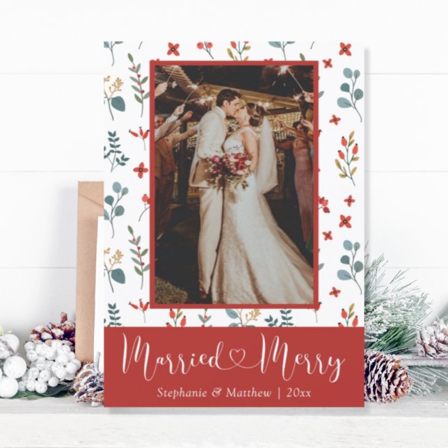 Married & Merry Wedding Photo Eucalyptus Berries Holiday Card (Creator Uploaded)