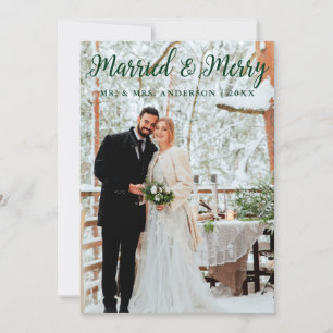 Married & Merry Wedding Photo Green Holiday Card
