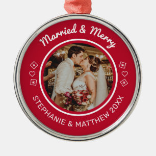 Married & Merry Wedding Photo Modern Red Metal Ornament