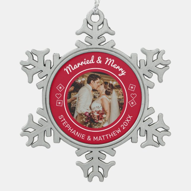 Married & Merry Wedding Photo Modern Red Snowflake Pewter Christmas Ornament (Front)