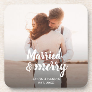 Married & Merry Wedding Thank you Christmas Photo Coaster