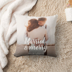Married & Merry Wedding Thank you Christmas Photo Cushion
