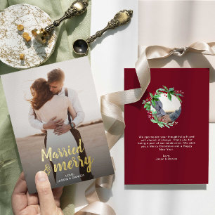 Married & Merry Wedding Thank you Christmas Photo Foil Holiday Card